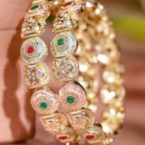 Set of 2 18K Gold-Plated Multicolor Enamel & Stone-Studded Floral Design Bangles - 02-Jun