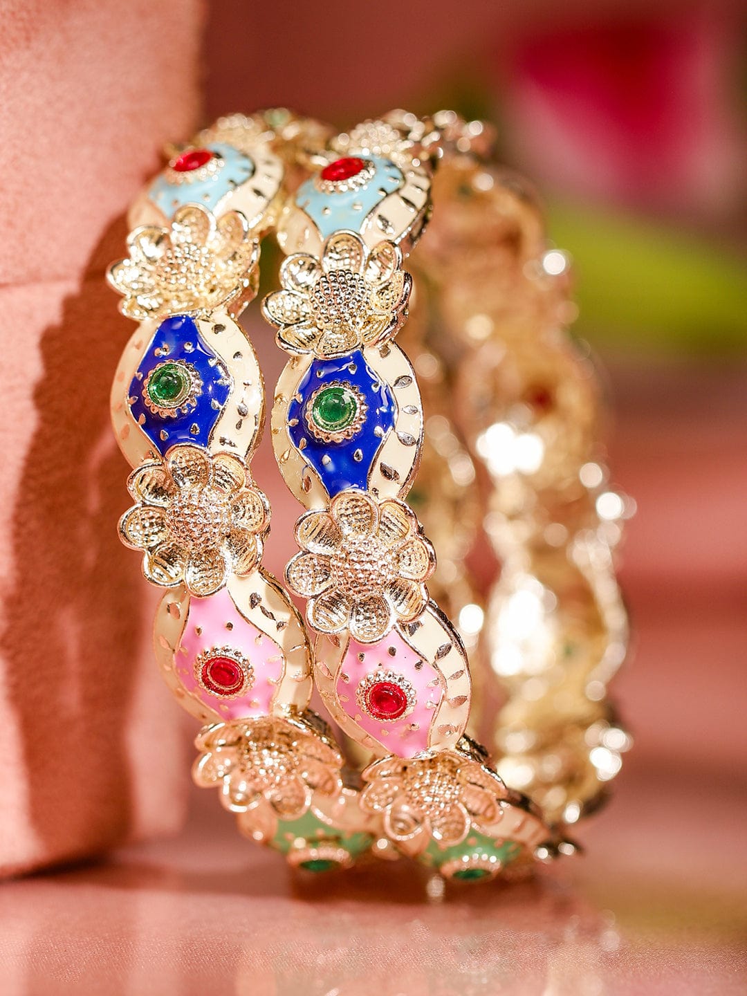 Set of 2 18K Gold-Plated Multicolor Enamel & Stone-Studded Floral Design Bangles - 02-Aug