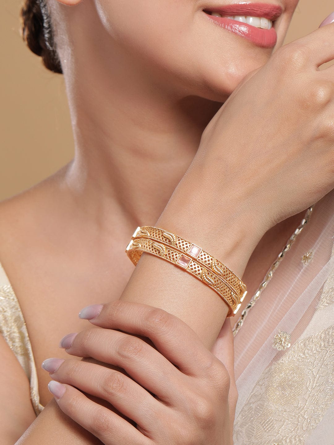 Set of 2 18K Gold-Plated Pastel Pink & Mint Green Stone Studded Traditional Bangles - 02-Jun