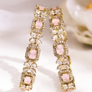 Set of 2 18K Gold-Plated Pastel Pink & White Cubic Zirconia Studded Floral Bangles - 2.8