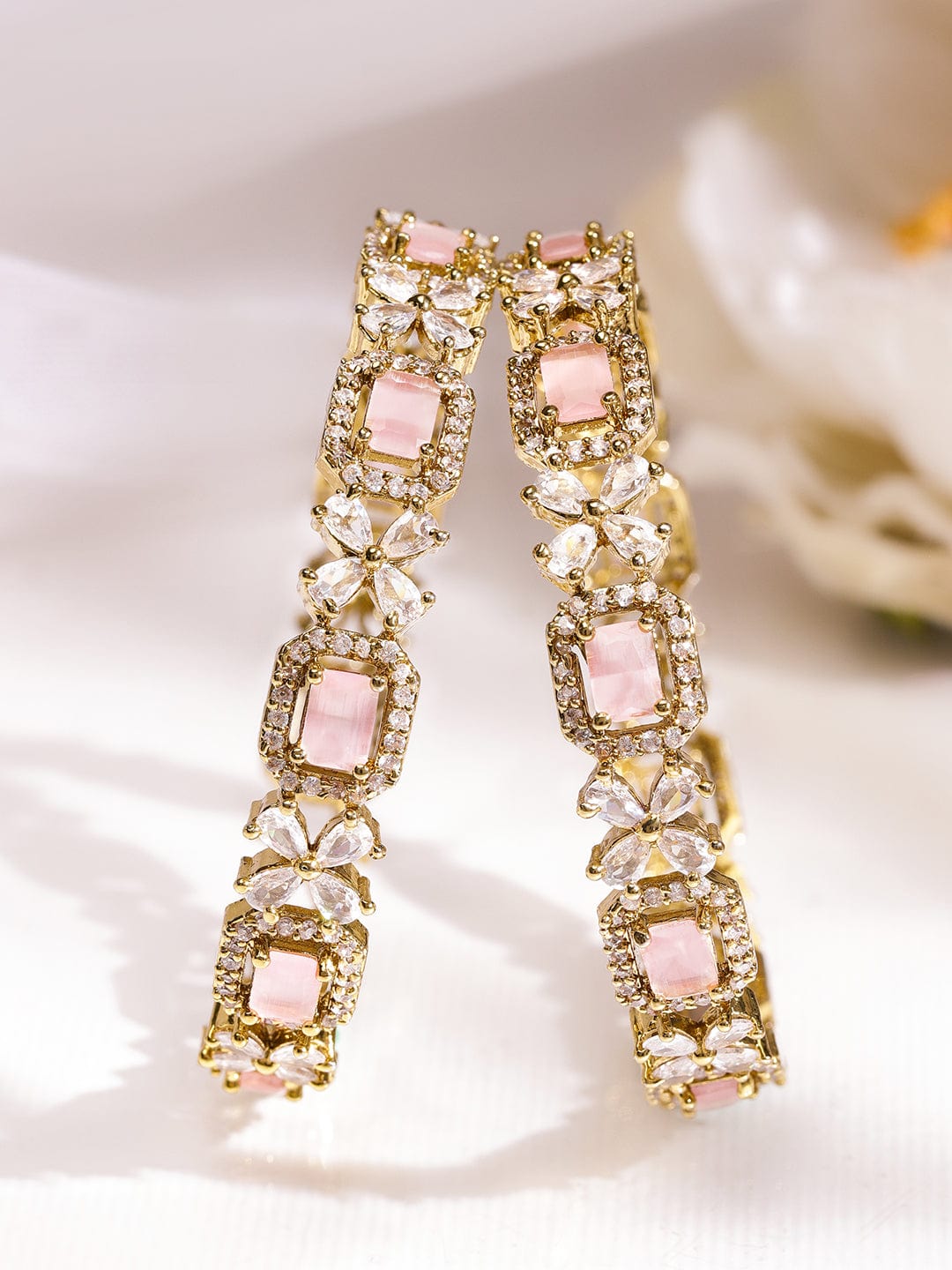 Set of 2 18K Gold-Plated Pastel Pink & White Cubic Zirconia Studded Floral Bangles - 2.6