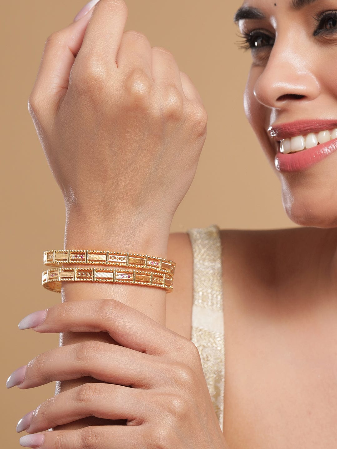 Set of 2 18K Gold-Plated Rectangular Motif Bangles - 02-Jun