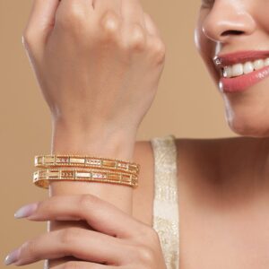 Set of 2, 18K Gold-Plated Rectangular Motif Bangles with Intricate Detailing - 2.8