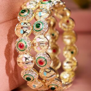 Set of 2 18K Gold Plated Red & Green Stone and Enamel Work Handcrafted Bangles - 02-Aug