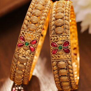 Set of 2 18K Gold-Plated Ruby Pink & Emerald Green Stone Studded Floral Bangles - 2.8