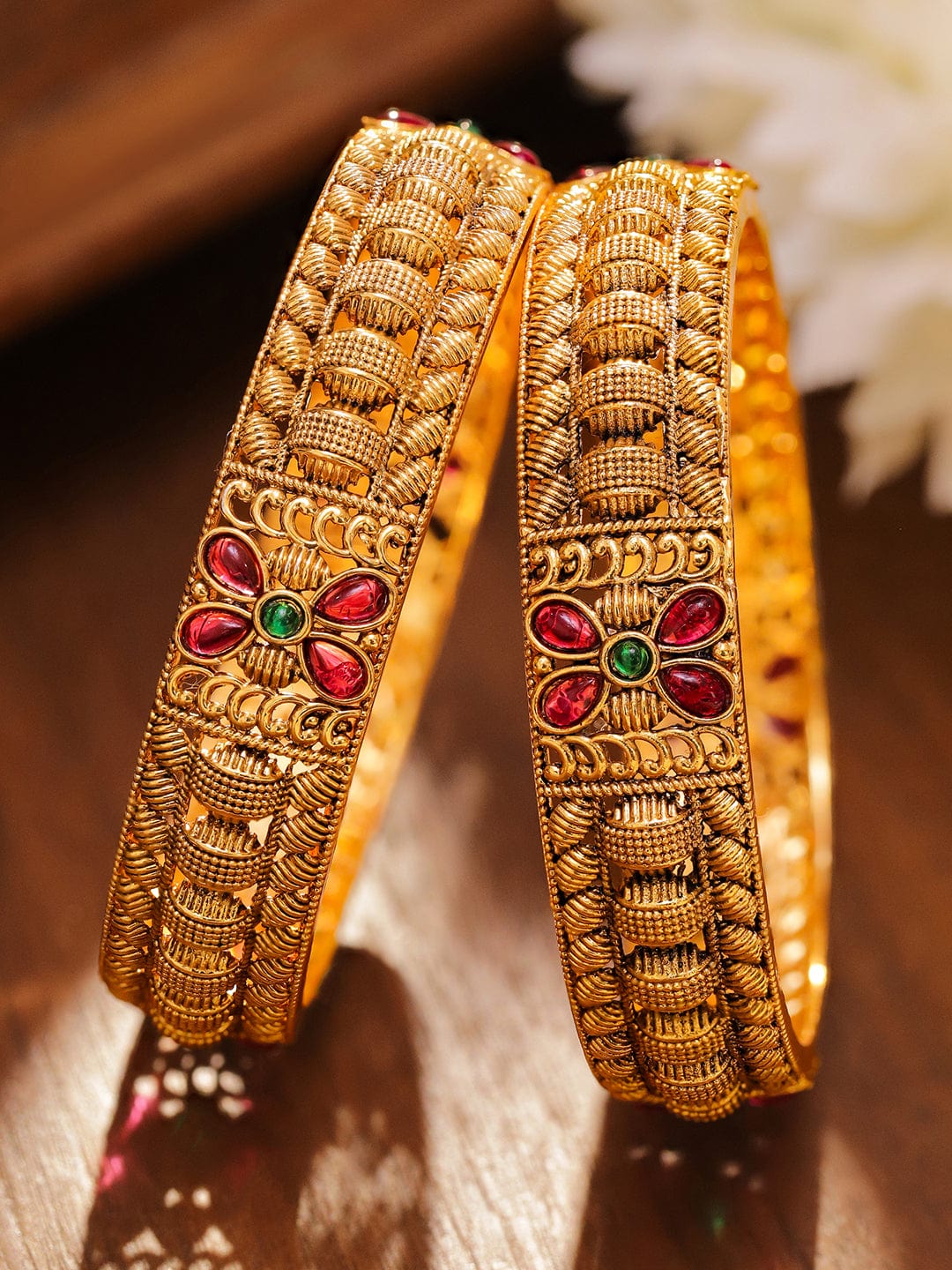 Set of 2 18K Gold-Plated Ruby Pink & Emerald Green Stone Studded Floral Bangles - 2.4