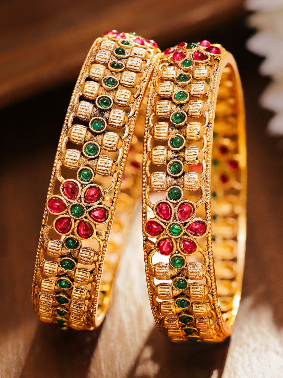 Set of 2 18K Gold-Plated Ruby Pink & Emerald Green Stone Studded Floral Bangles - 2.8