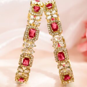 Set of 2 18K Gold-Plated Ruby Red & White Zirconia Studded Floral Design Bangles - 2.8