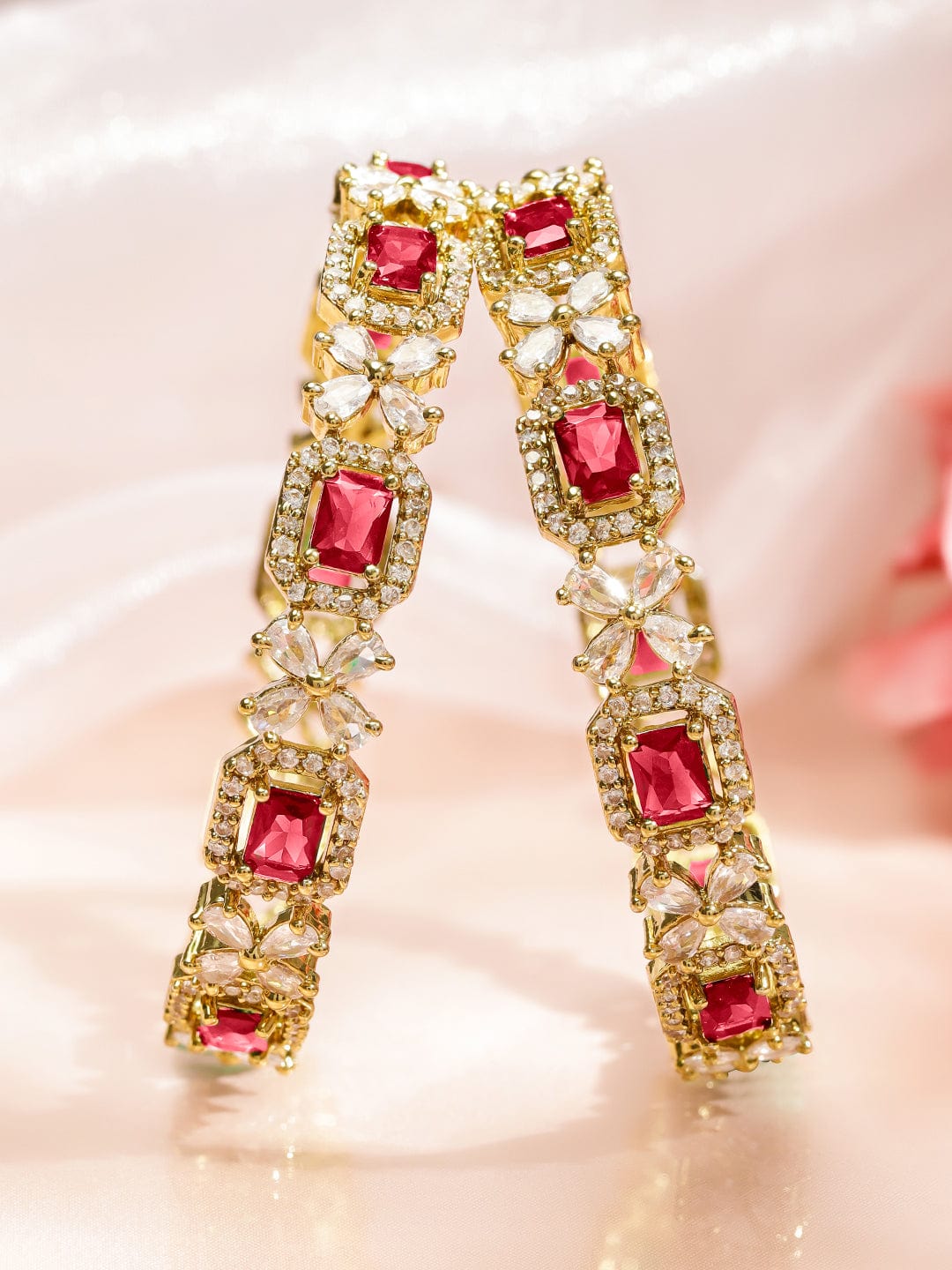 Set of 2 18K Gold-Plated Ruby Red & White Zirconia Studded Floral Design Bangles - 2.6