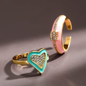 Set of 2, 18K Gold-Plated Turquoise & Pink Enamel Cubic Zirconia Studded Rings - Turquoise & Pink
