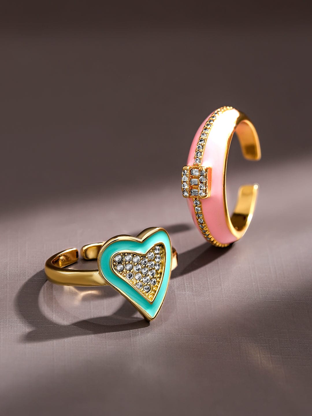 Set of 2, 18K Gold-Plated Turquoise & Pink Enamel Cubic Zirconia Studded Rings - Turquoise & Pink