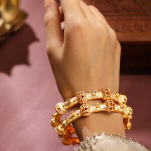 Set of 2 18K Gold Plated White, Pink & Green Enamel & Kundan Studded Bangles - 02-Apr