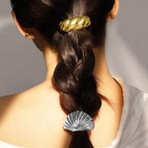 Set of 2 18K Gold & Rhodium Plated Sculpted Twisted & Shell Design Hair Ties - Gold & Silver