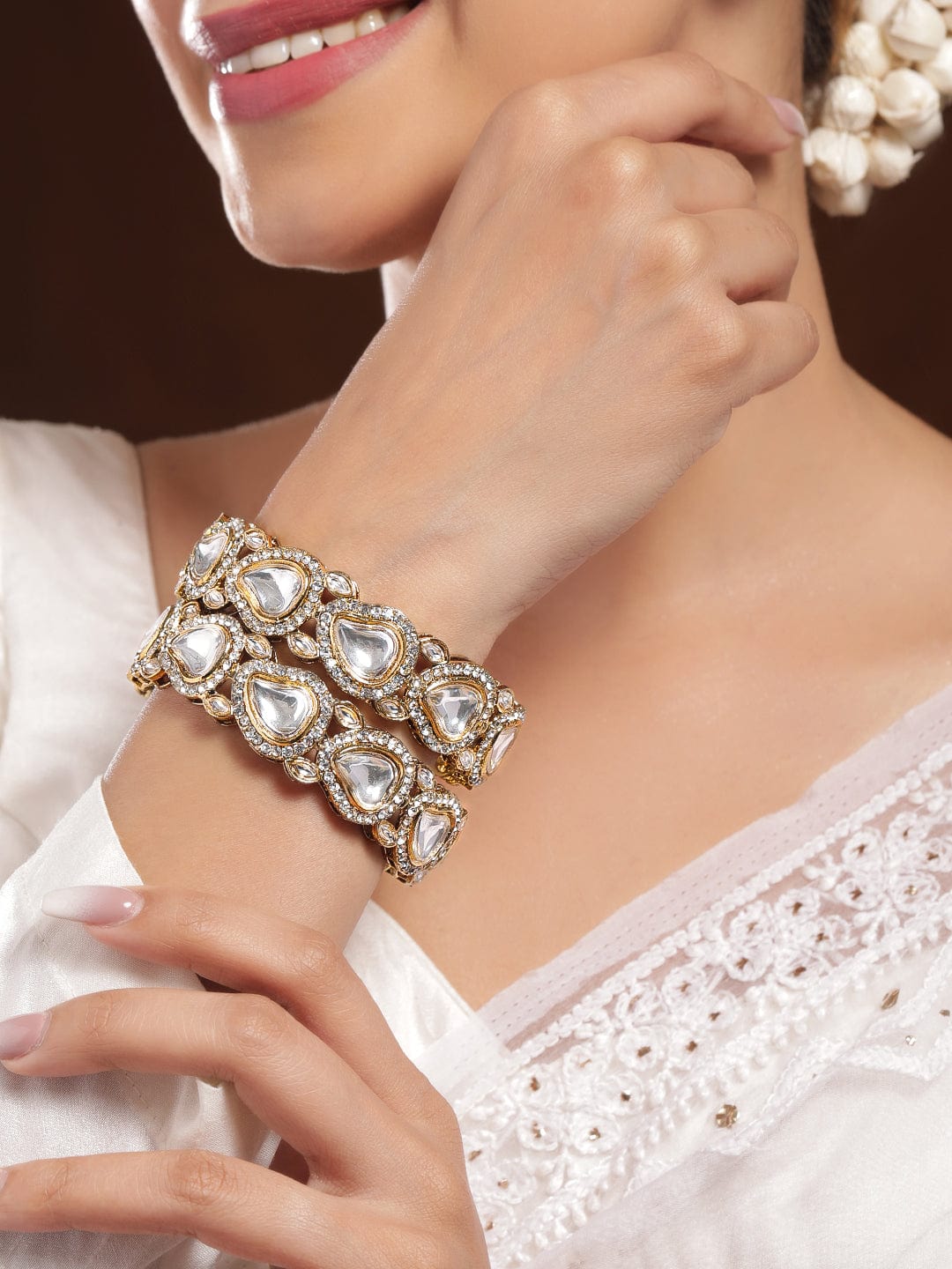 Set of 2 18K Mehandi Gold-Plated Crystal White CubicZirconia Studded Premium Bangle - 2.6