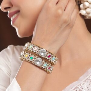 Set of 2 18K Mehandi Gold-Plated Kundan & Cubic Zicronia Stone Bangles - 2.6