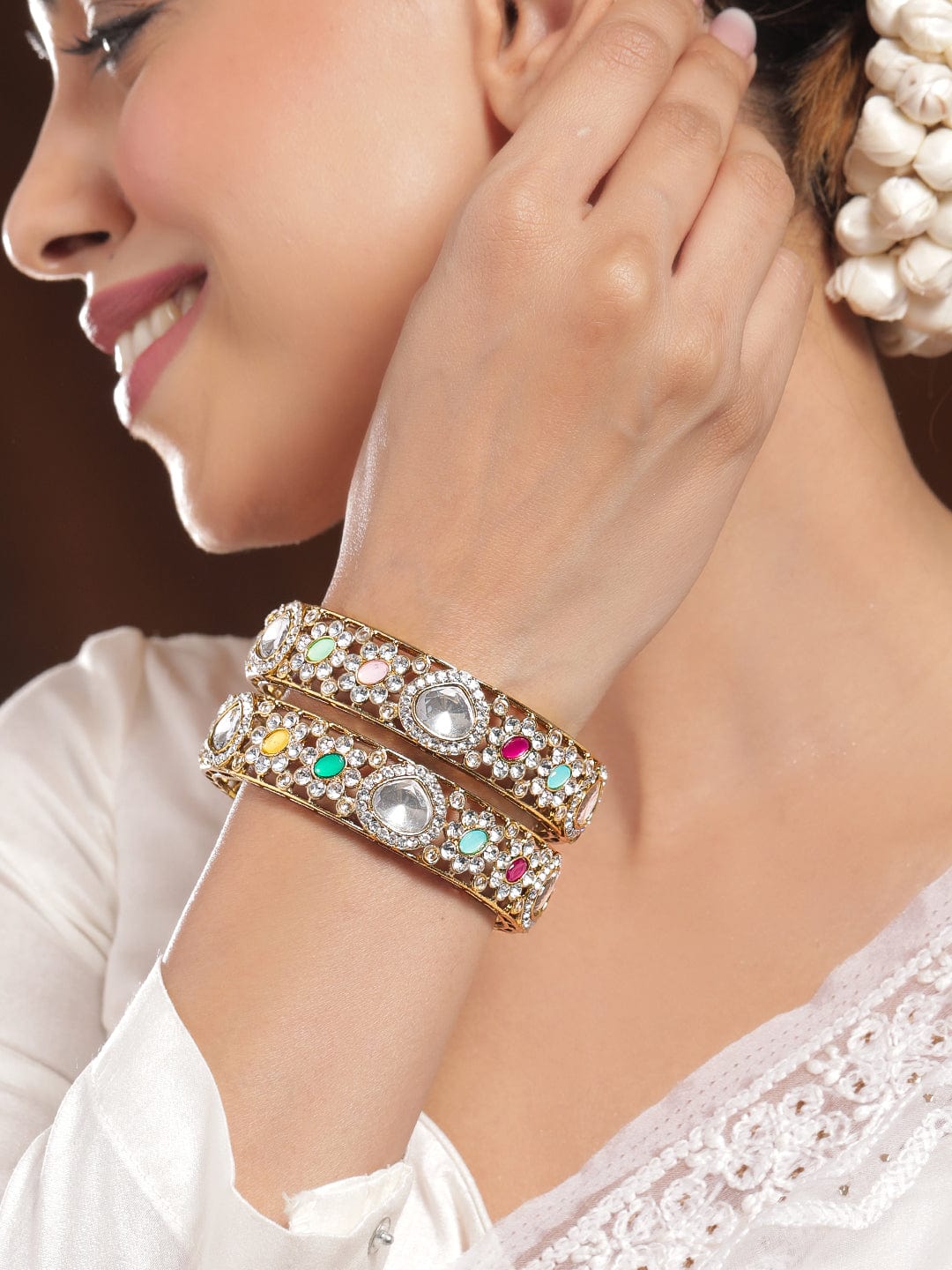 Set of 2 18K Mehandi Gold-Plated Kundan & Cubic Zicronia Stone Bangles - 2.6