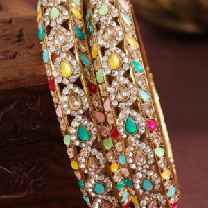 Set of 2 18K Mehandi Gold-Plated Multicolor Kundan & Zirconia Studded Designer Bangles - 2.4