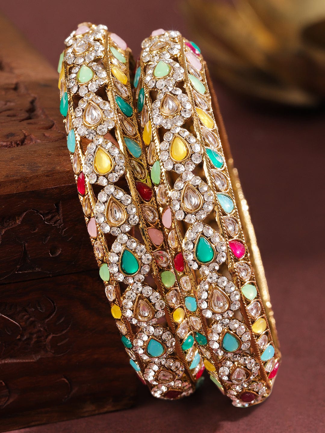 Set of 2 18K Mehandi Gold-Plated Multicolor Kundan & Zirconia Studded Designer Bangles - 2.4