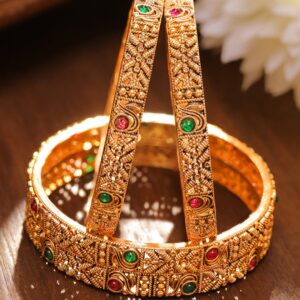 Set of 2 22K Gold-Plated Antique Bangles with Ruby Red & Emerald Green Stones - 2.8