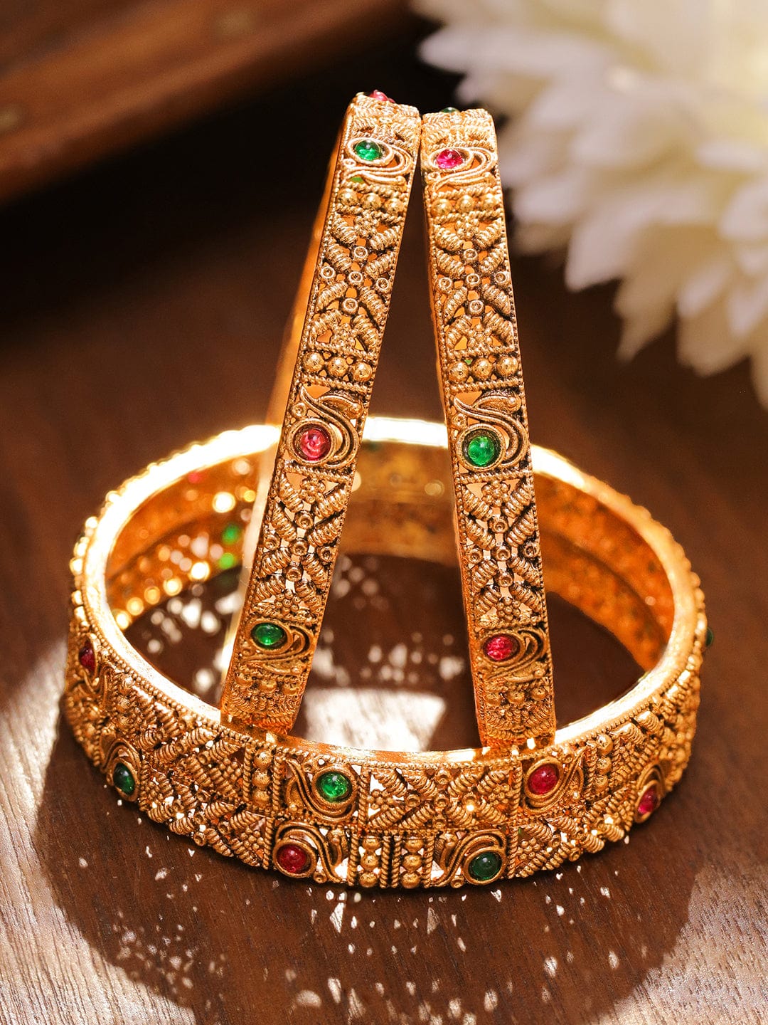 Set of 2 22K Gold-Plated Antique Bangles with Ruby Red & Emerald Green Stones - 2.6