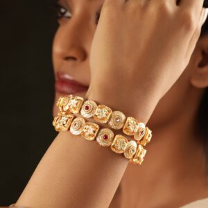 Set of 2, 22K Gold plated Blue enamel detailed ghungroo studded contemprory bangles. - 2.8