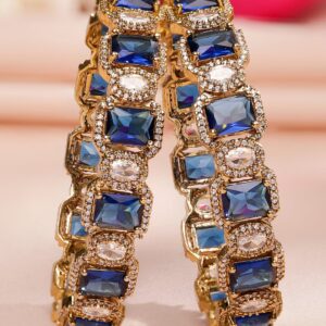 Set of 2 22K Gold-Plated Blue Sapphire & White Cubic Zirconia Studded Premium Bangles - 2.8