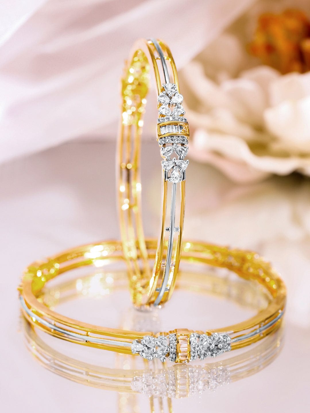 Set of 2, 22K Gold-Plated & Rhodium Accent Cubic Zirconia Studded Bangles - 2.8