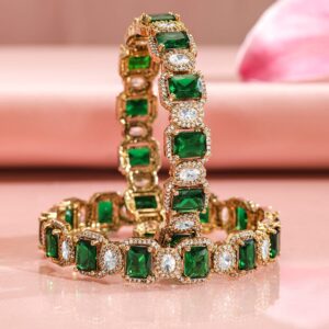 Set Of 2 22K Gold-Plated Emerald Green & White Cubic Zirconia Stone-Studded Bangles - 2.8