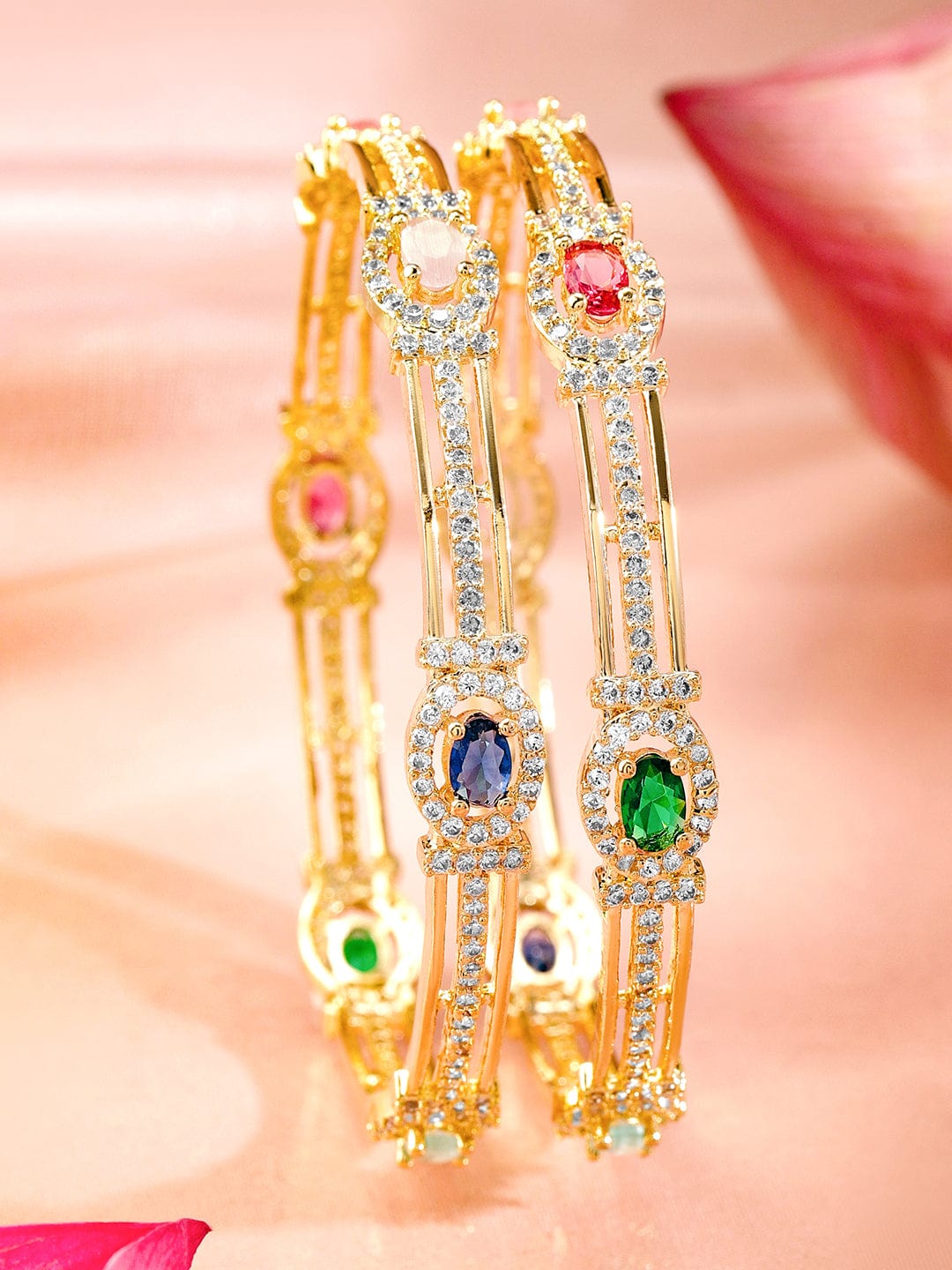 Set Of 2 22K Gold-Plated Multicolor Gemstone & Cubic Zirconia-Studded Bangles - 02-Apr