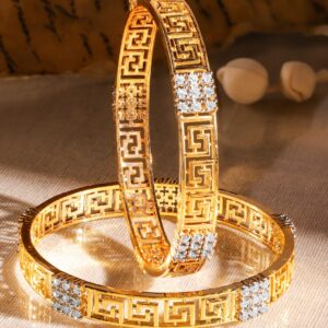 Set of 2, 22K Gold-Plated Greek Key Design & Cubic Zirconia Studded Handcrafted Bangles - 2.8