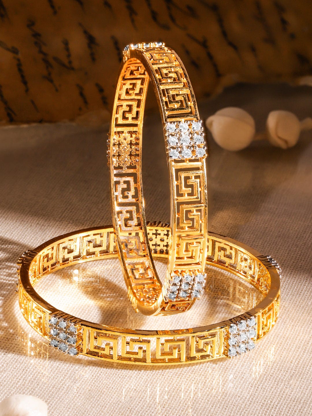 Set of 2, 22K Gold-Plated Greek Key Design & Cubic Zirconia Studded Handcrafted Bangles - 2.4