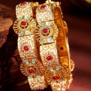 Set of 2, 22K Gold-Plated Handcrafted Traditional Bangles with Red Stones, Pearls, Blue & Peach Enamel - 2.8