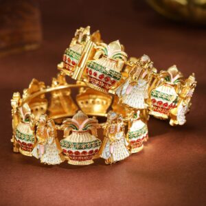 Set of 2, 22K Gold-Plated Handcrafted Traditional Bridal Bangles with Multicolor Enamel Work - 2.4