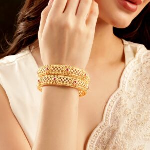 Set of 2, 22K Gold plated Kemp stone studded Filigree detail statement bangles " - 2.4