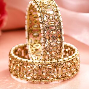 Set of 2, 22K Gold Plated Kundan & CZ Studded & Pearl Beaded Handcrafted Bangles - 2.8