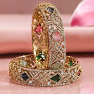 Set of 2, 22K Gold-Plated Multicolor AD & CubicZirconia Studded Traditional Bangles - 2.8