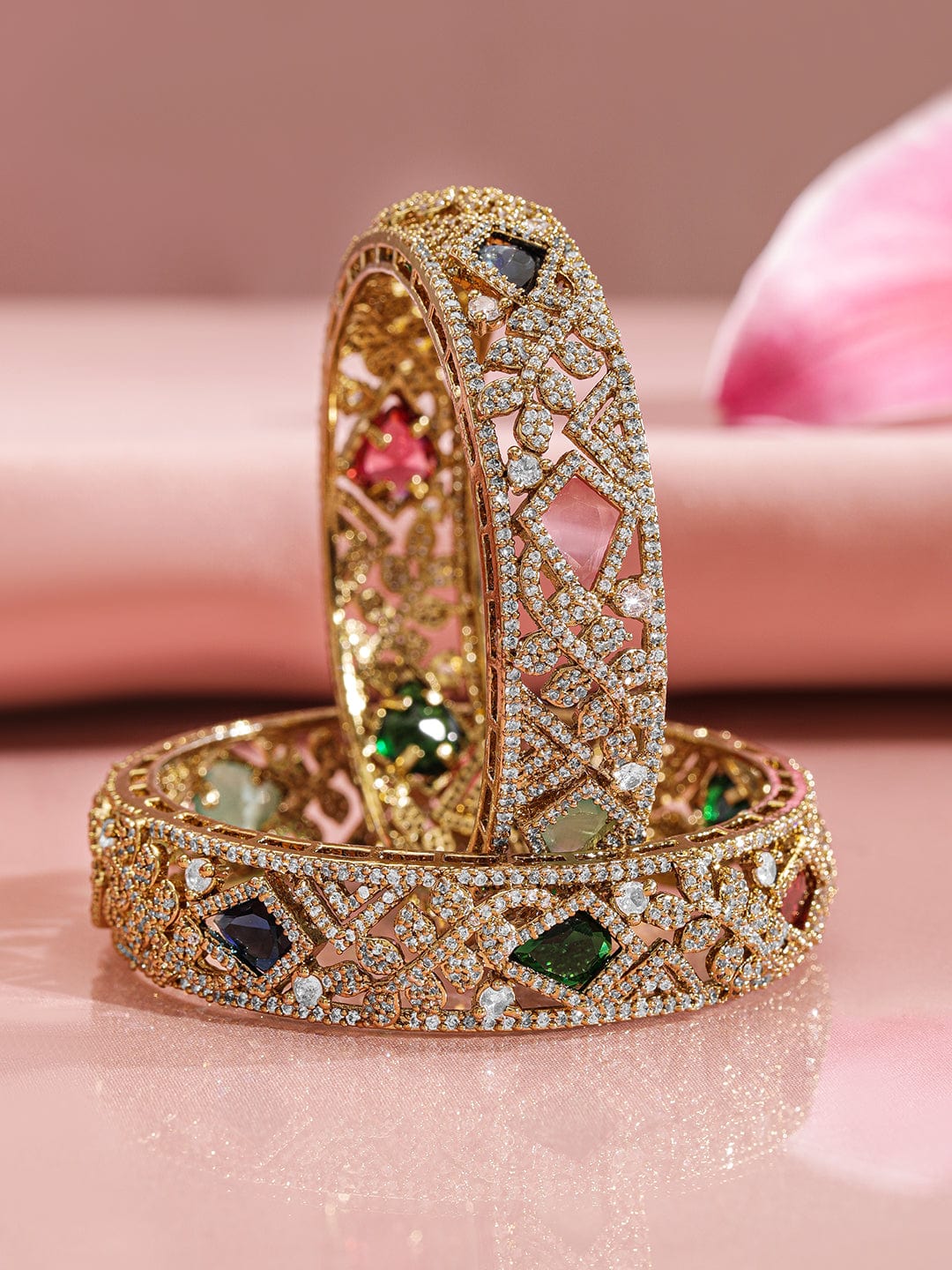 Set of 2, 22K Gold-Plated Multicolor AD & CubicZirconia Studded Traditional Bangles - 2.8