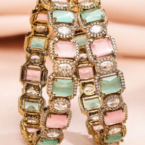 Set of 2 22K Gold-Plated Pastel Pink, Mint Green & White Cubic Zirconia Studded Premium Bangles - 2.6