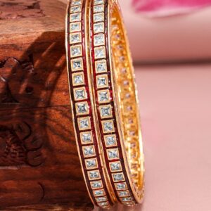 Set of 2 22K Gold-Plated Red-Border Square-Cut Cubic Zirconia Studded Bangles - 2.4