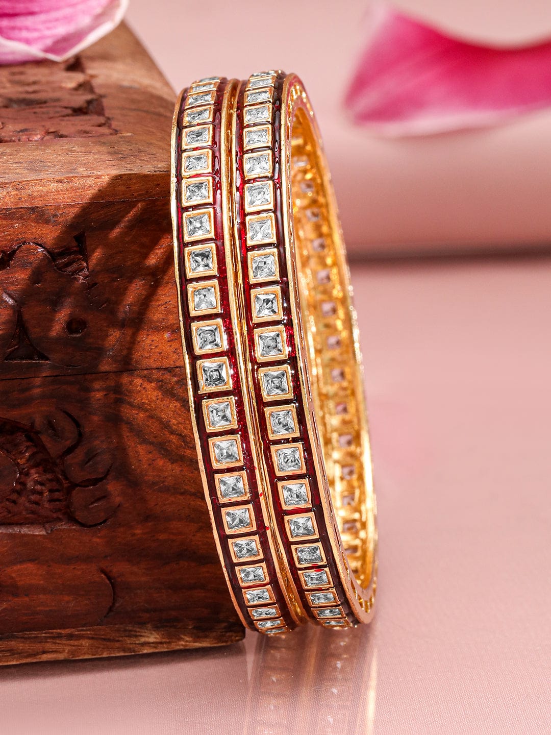 Set of 2 22K Gold-Plated Red-Border Square-Cut Cubic Zirconia Studded Bangles - 2.4