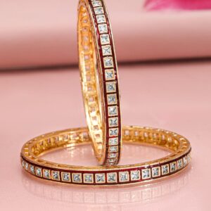 Set of 2, 22K Gold-Plated Red-Border Square-Cut White CubicZirconia Studded Bangles - 2.8