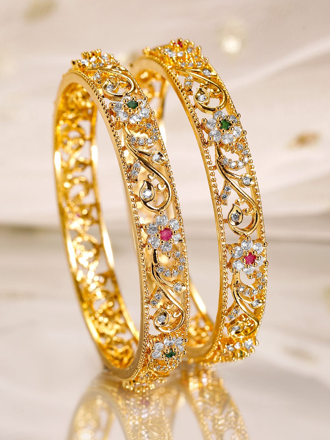 Set of 2, 22K Gold-Plated Ruby, Emerald & Cubic Zirconia Studded Handcrafted Bangles - 02-Jun