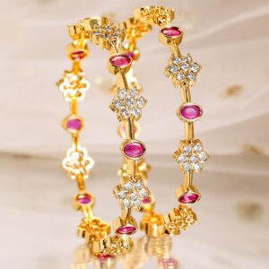 Set of 2, 22K Gold-Plated Ruby Pink & Cubic Zirconia Studded Handcrafted Bangles - 02-Apr