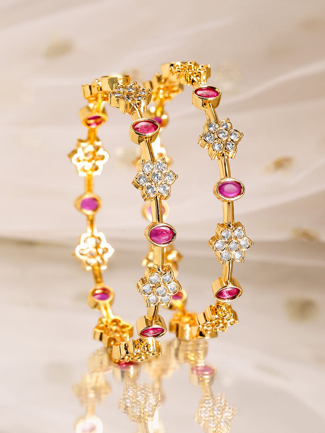 Set of 2, 22K Gold-Plated Ruby Pink & Cubic Zirconia Studded Handcrafted Bangles - 02-Apr