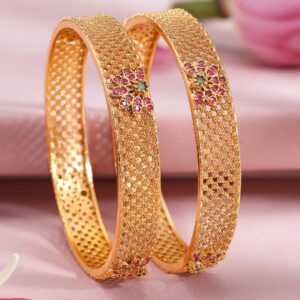 Set of 2 22K Gold Plated Ruby Pink & Emerald Green Stone Studded Bangles - Gold / 2.1