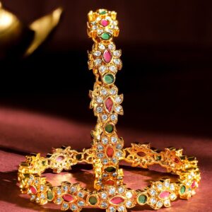 Set of 2, 22K Gold-Plated Ruby Pink & Emerald Green Stone Studded Handcrafted Bangles - 02-Jun