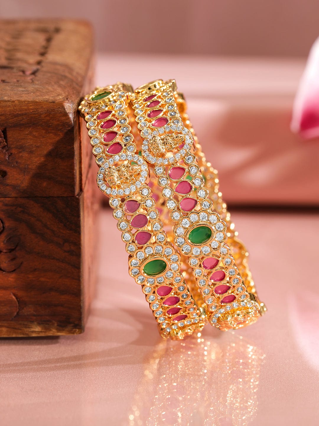 Set of 2, 22K Gold-Plated Ruby Pink & Emerald Stone Studded Traditional Bangles - 2.4