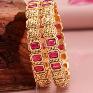 Set of 2, 22K Gold-Plated Ruby Pink Stone & Filigree Design Traditional Bangles - 2.6
