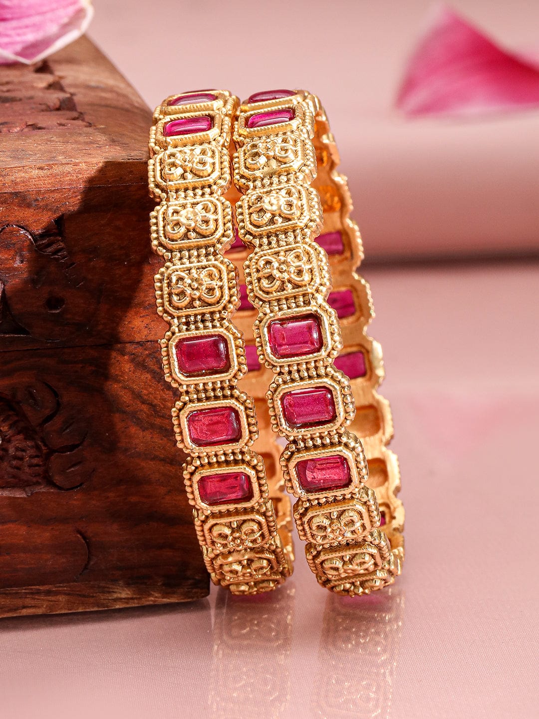 Set of 2, 22K Gold-Plated Ruby Pink Stone & Filigree Design Traditional Bangles - 2.4