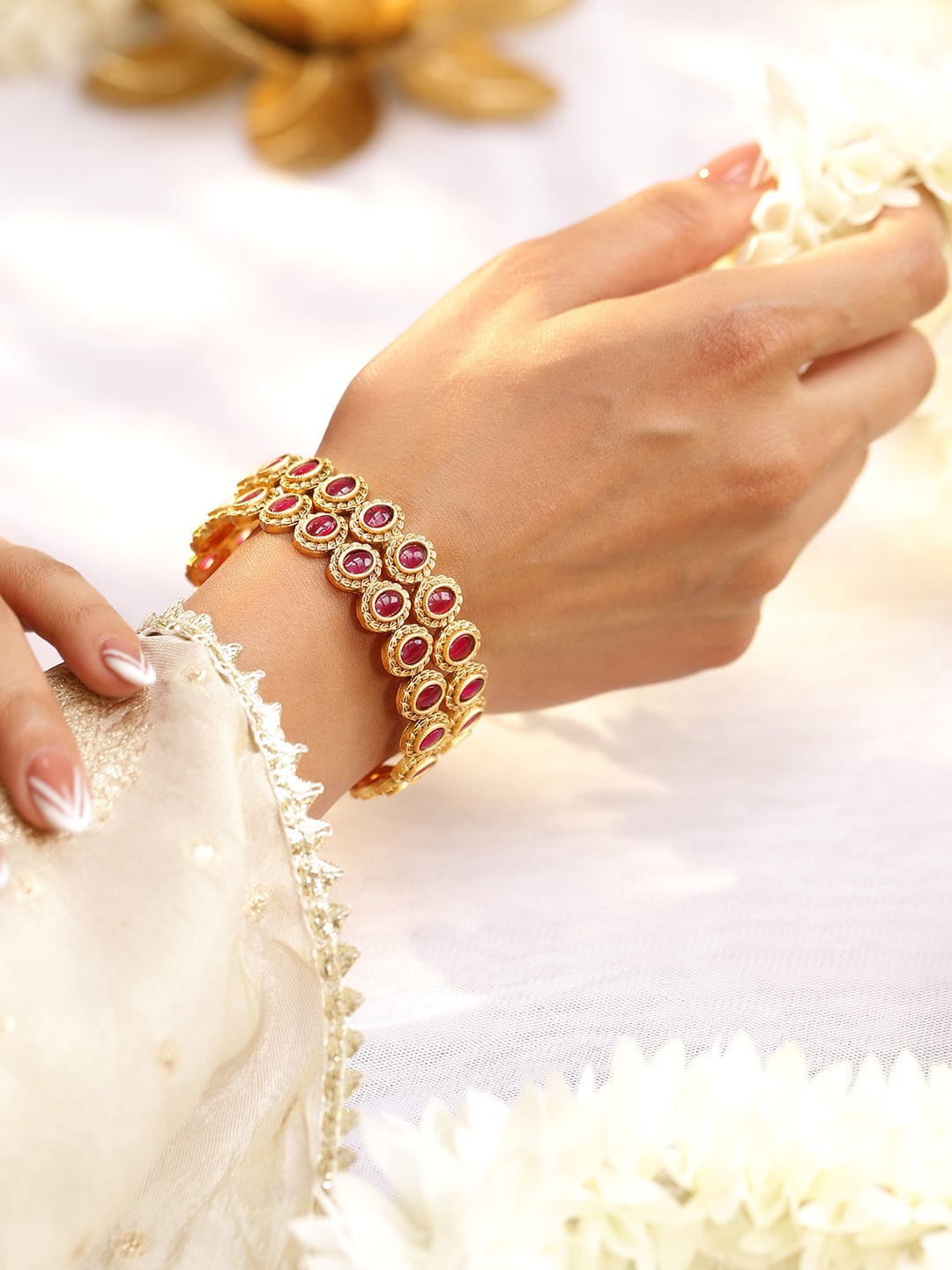 Set of 2, 22K Gold-Plated Ruby Pink Stone Studded Traditional Bangles - 2.4